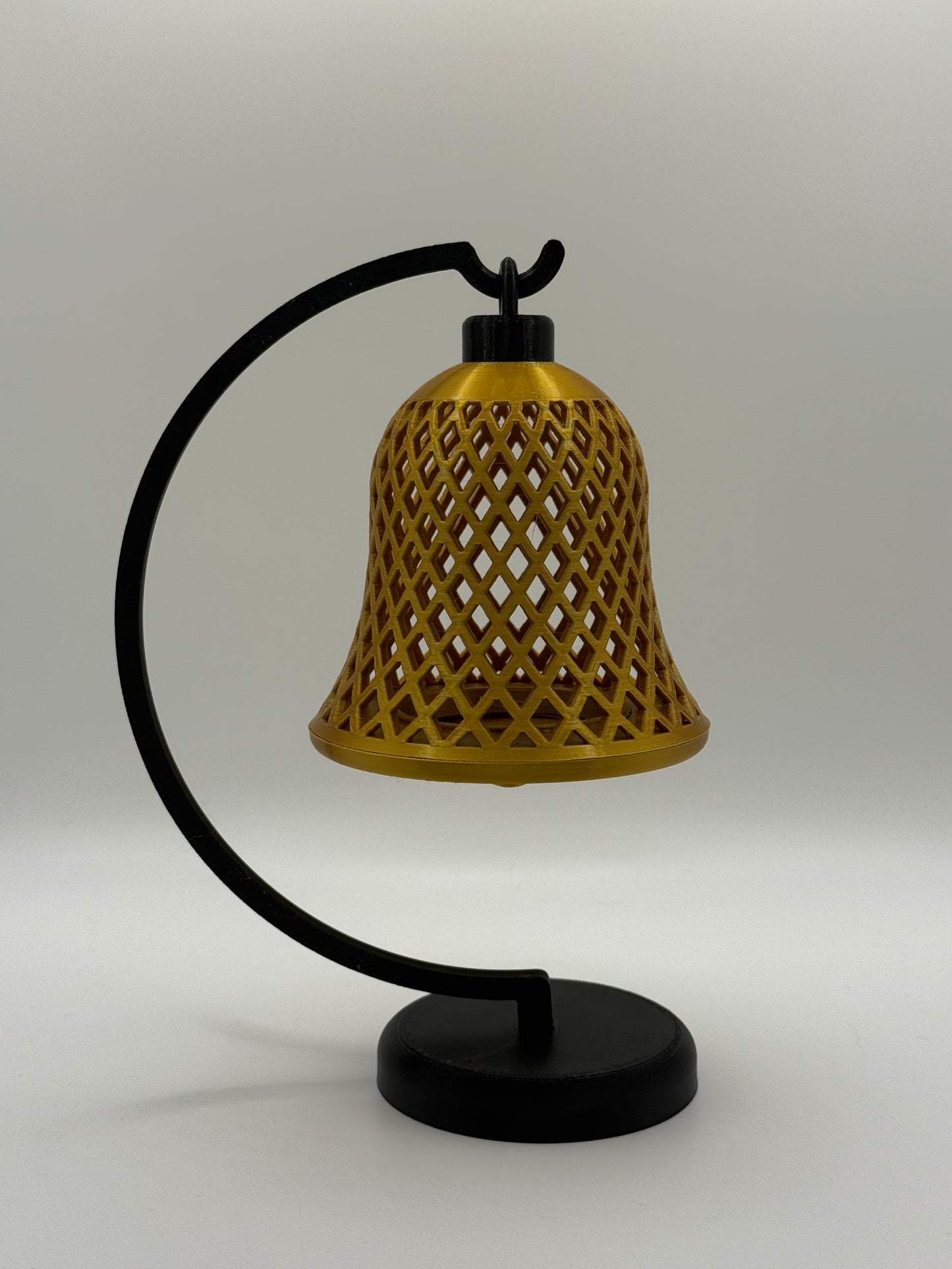 Gold Christmas Bell Lamp – Hanging Lattice Lantern with Warm Glow, Battery Candle Holder, Festive Table or Mantel Decoration